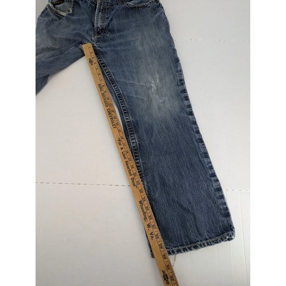 Ariat FR M4 Low Rise Boot Cut Jeans Mens 36x32 Blue Distressed Thrashed Workwear